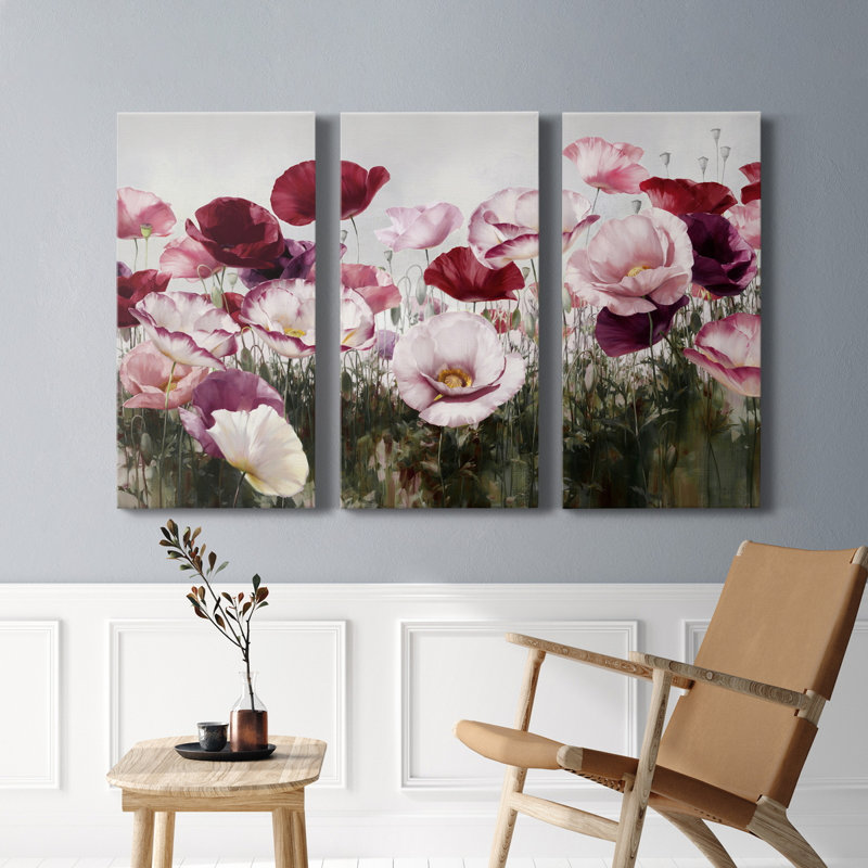 Royal Poppy Field - Ensemble de 3 peintures sur toile tendue, H 60 po x l 120 po x P 1 po