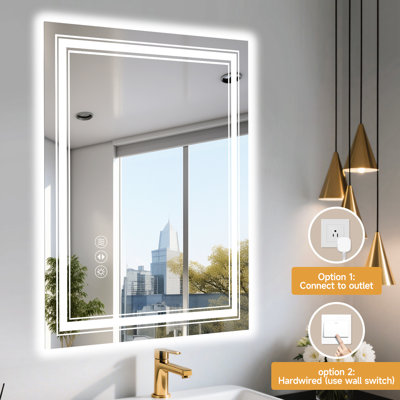 Miroir de salle de bain à DEL intelligent 20 po x 28 po, luminosité à intensité variable (10% - 100%), 3 réglages de température de couleur (chaud, neutre, lumière du jour), fonction de brouillard, compatible avec interrupteur mural, Ul, 4 mm trempé longue durée