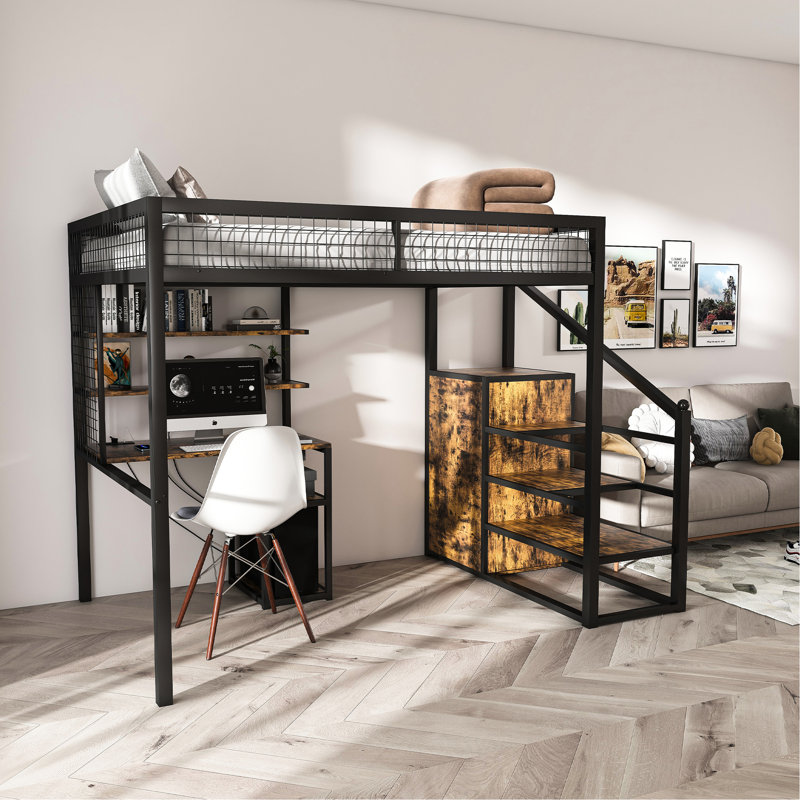 Lit mezzanine multi-usages avec tablette d'escalier, prises de courant et métal, pour zones de travail, bureau noir, tablettes, vis robustes, espaces compacts,