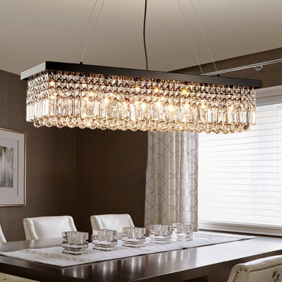Anacelia 8-Light Dimmable Crystal Rectangle Chandelier for Kitchen Island and Dining Room, Modern Luxury Black Ceiling Light