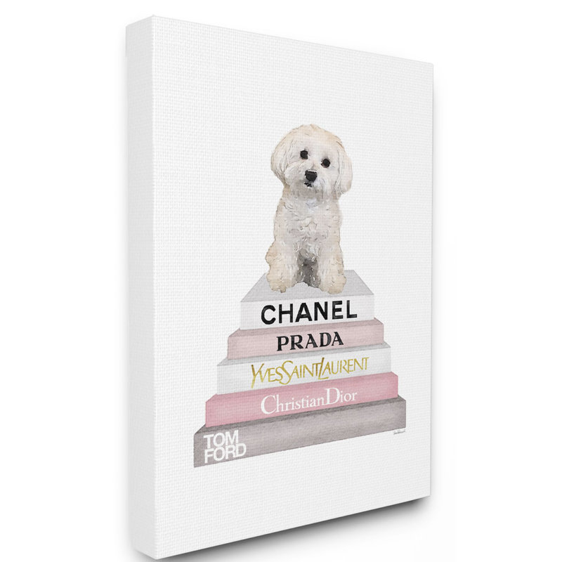 « mode designer pet dog bookstack blanc rose », impression, Toile tendue, H 30 po x l 24 po x P 1,5 po