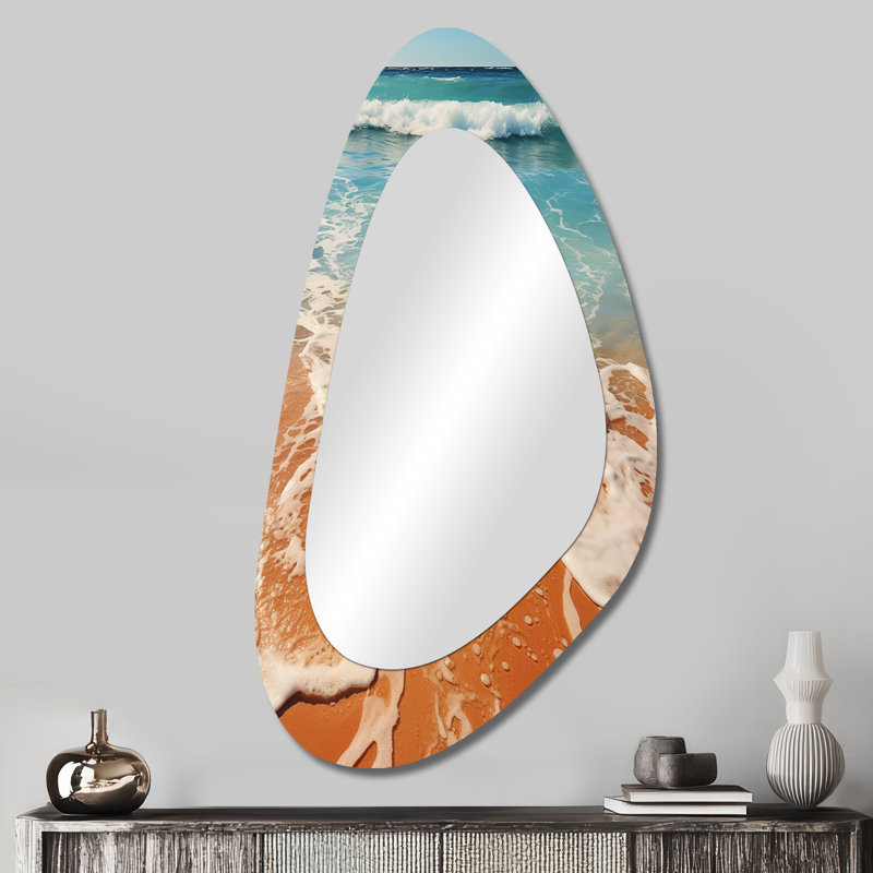 Deloatch Tropical beach vue aérienne I - miroir décoratif asymétrique de plage, miroir mural bleu à forme libre, impression d'art en métal