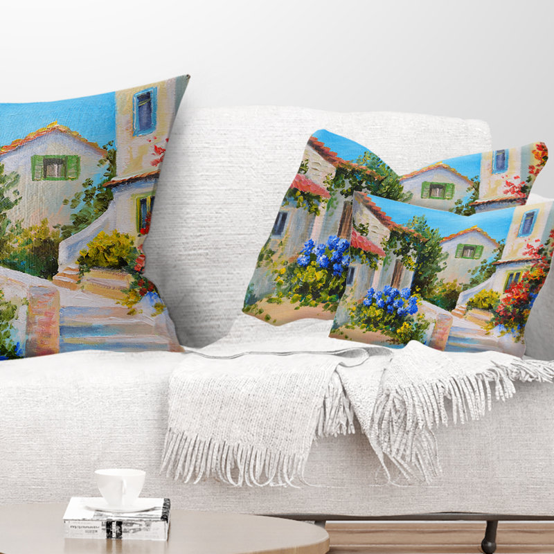 Maisons près de la mer - Coussin décoratif à imprimé paysage