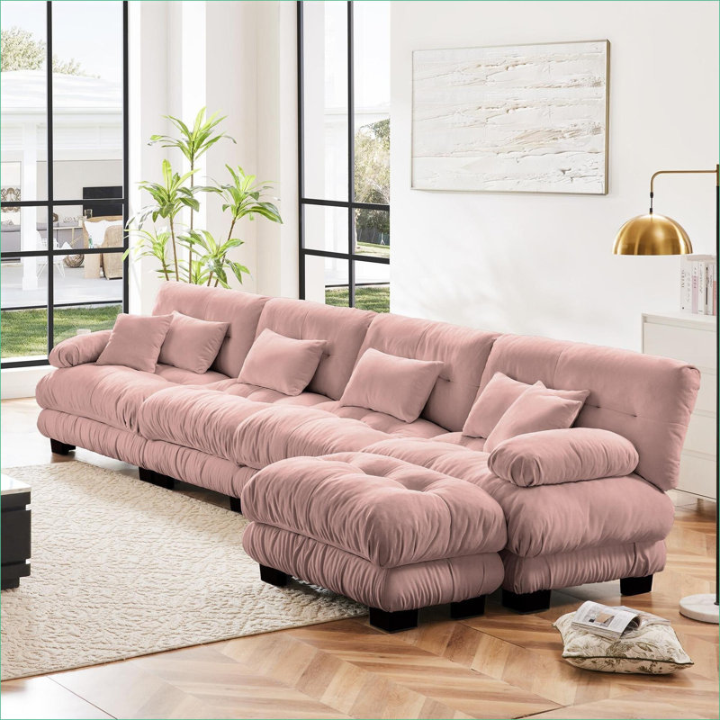 Canapés modulaires | Divan-lit modulaire en L à 4 places avec repose-pieds convertible pour dortoir | Chenille | Rose