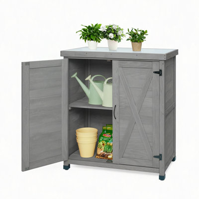 Banc de rempotage avec armoire de rangement et plateau en métal pour patio extérieur, table de poste de travail extérieur