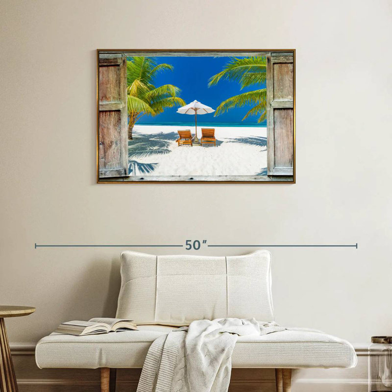 Fenêtre sur la côte des Maldives, Cadre flottant doré, 37 po x 25 po