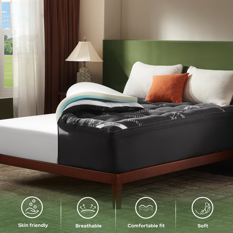 BEDLORE® Dual Layer 4" Memory Foam Mattress Topper with Rayon Bamboo Cover, 2" Cooling Memory Foam & 2" Plush Breathable Bamboo Pillow Top with 6-18" Deep Pocket, for Back Pain Relief