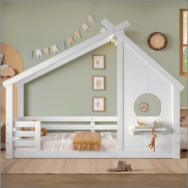 Lit de maison avec fenêtre et petite tablette, lit en bois avec toit en forme de maison, sans sommier, Simple, Blanc