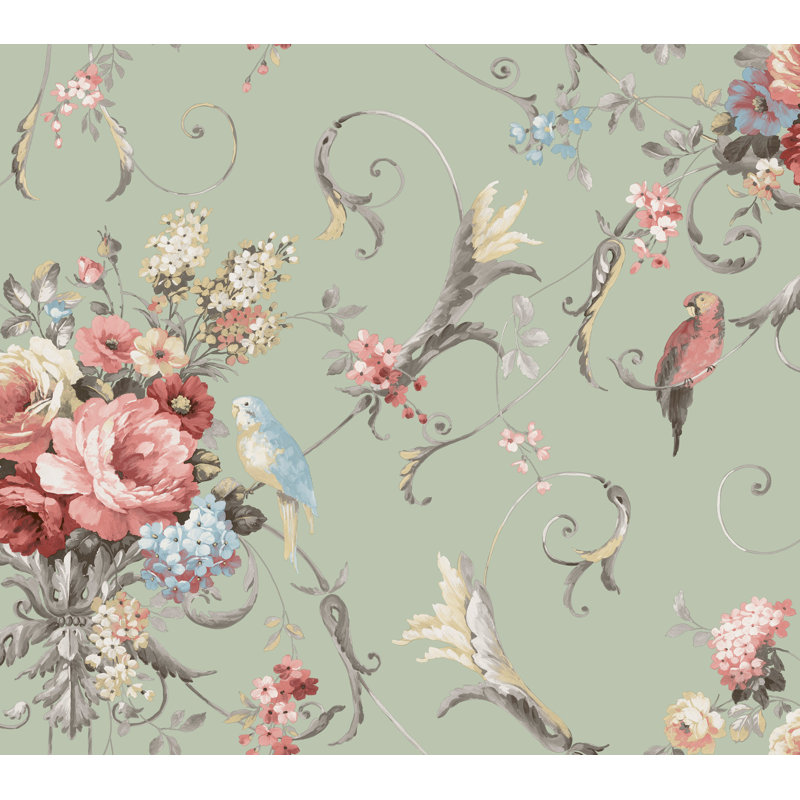 Papier peint floral avec des perroquets et des bouquets de fleurs, Eucalyptus