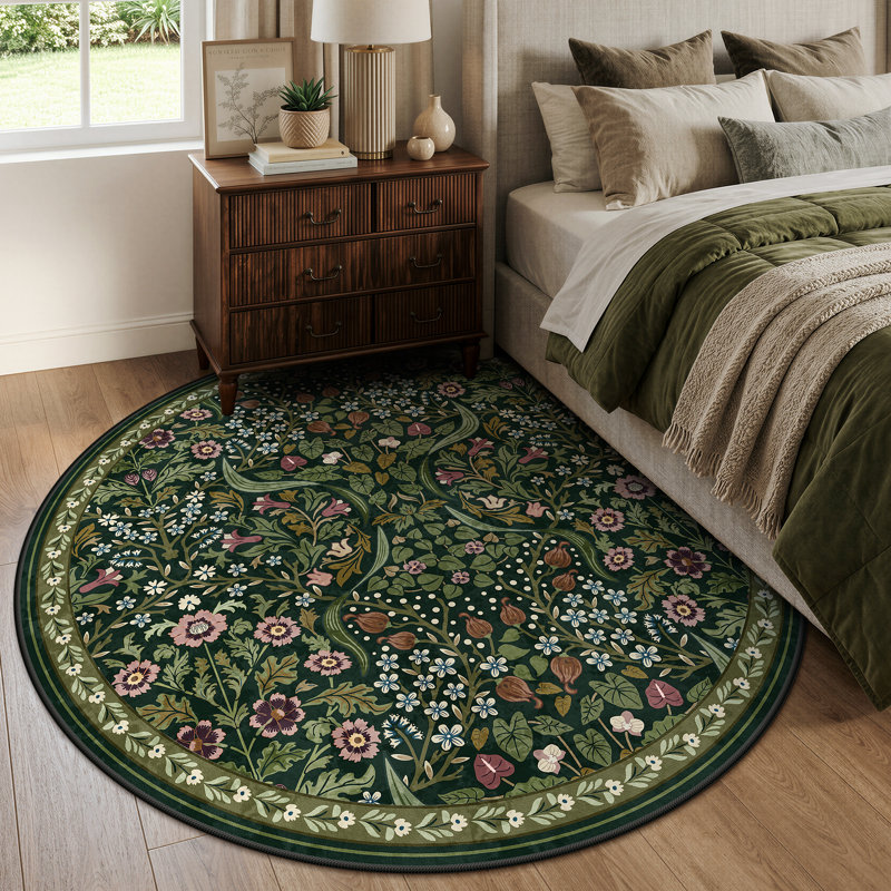 Tapis lavable à motif floral Kaldi, Vert, Rond 6 pi