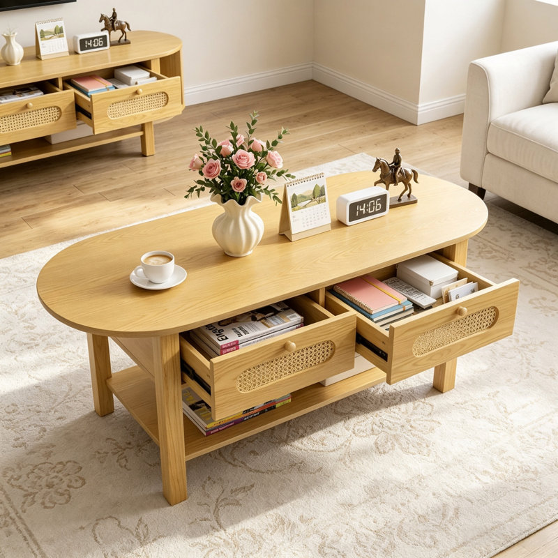 Rattan Coffee Table with Storage Drawers