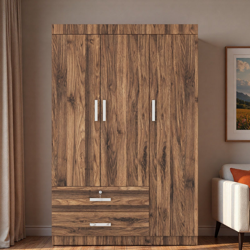 Garde-robe de rangement à 3 portes avec 2 tiroirs et 2 tringles de suspension, Brown
