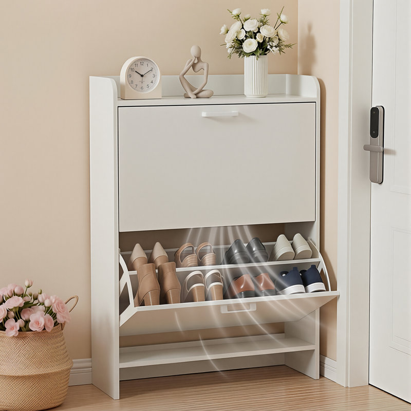 Shoe Cabinet with 2 Flip Drawers, Slim Wooden Shoe Storage Organizer for Entryway, Hallway & Living Room, Space-Saving Hidden Shoe Rack with Adjustable Shelves, Modern Entryway Furniture