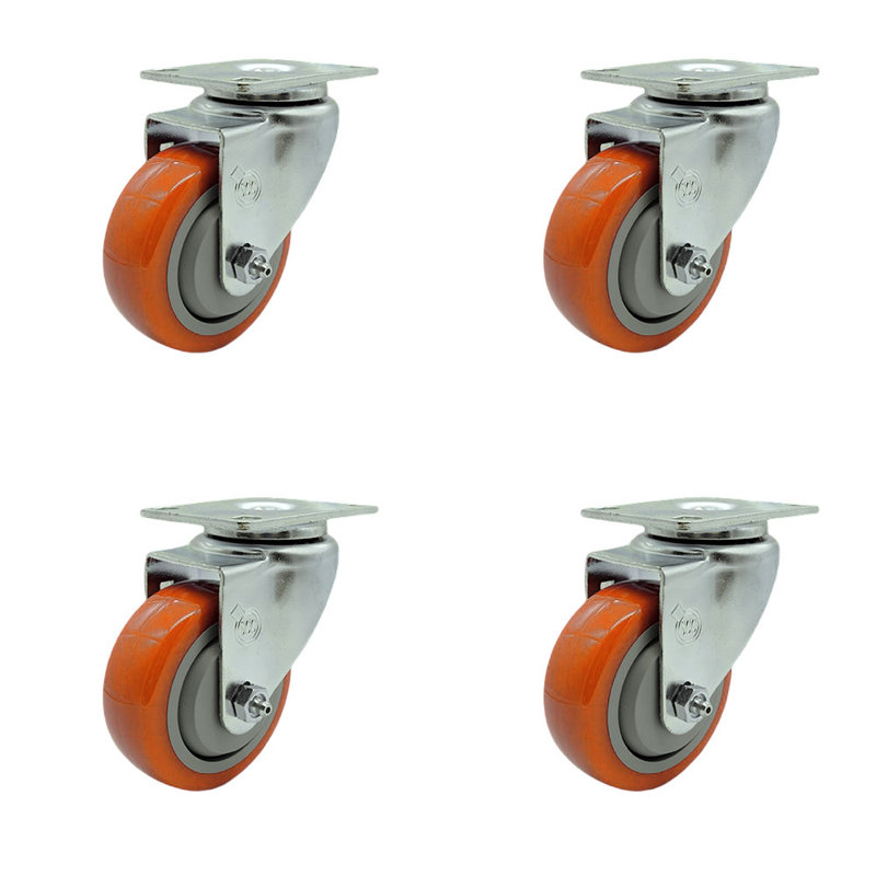 3.5 Inch Orange Polyurethane Wheel Swivel Top Plate Caster Set Service Caster