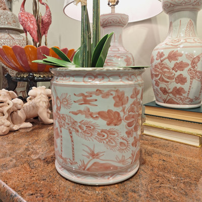 Pot de fleurs rond en porcelaine rouge antique à motif d'oiseau