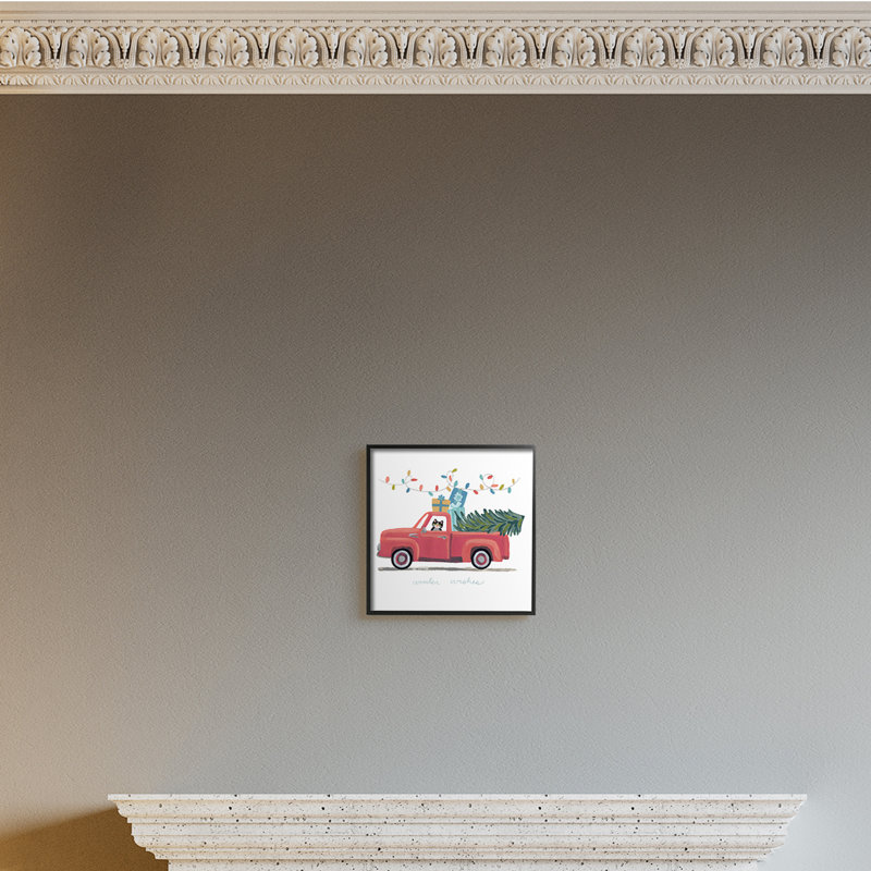 Chat, Noël, camion rouge, hiver, souhaits, Giclée encadrée noir minuit, H 12 po x l 12 po x P 1,5 po
