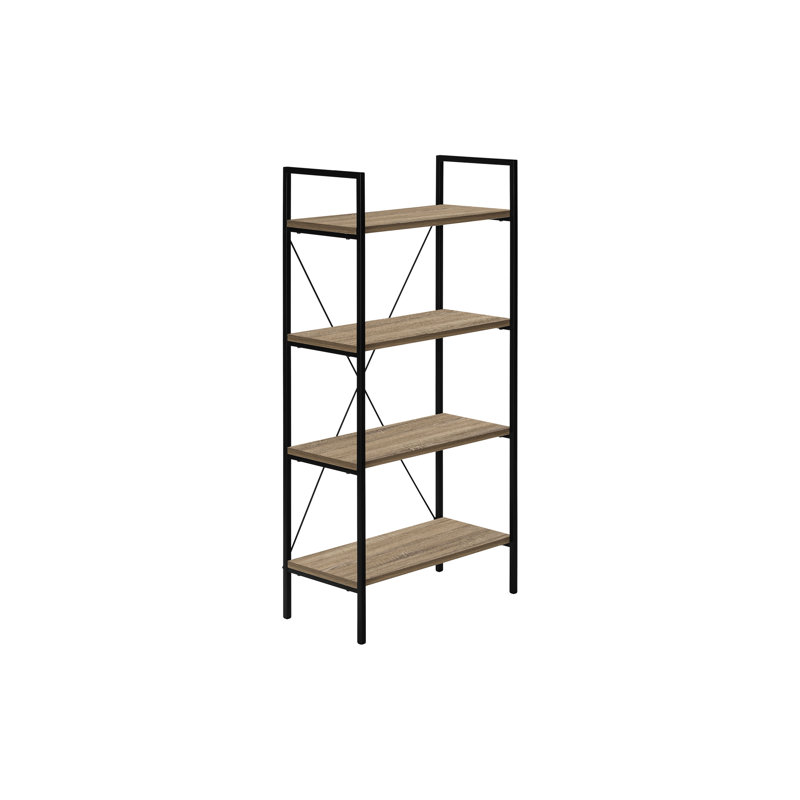 Bibliothèque moderne H 48 po, 4 niveaux, stratifié taupe foncé, supports en métal noir, bibliothèque de bureau de chambre avec détails brun,