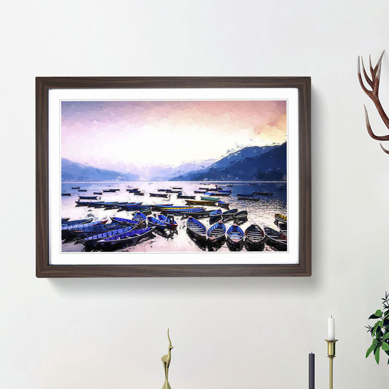 Boats on Phewa Tal Lake in Nepal in Abstract - Picture Frame Painting Print, 36cm H x 48cm W x 2cm D, Walnut Framed