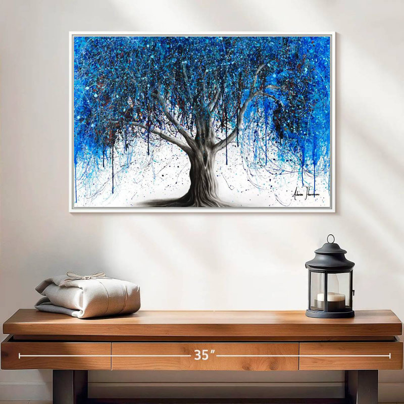 Arbre bleu au clair de lune, Cadre flottant blanc, 25 po x 17 po
