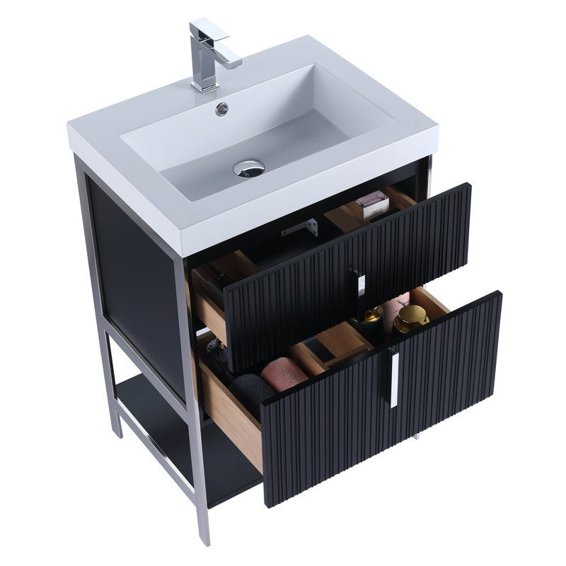  Meuble-lavabo moderne avec plateau en gel acrylique blanc Serenity, Noir mat / chrome, 24", Blanc