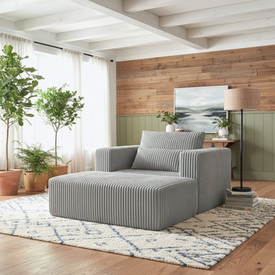 Smoke Grey Oversized All-Foam Corduroy Modular Lounge Chair with Ottoman, Compressed Shipping