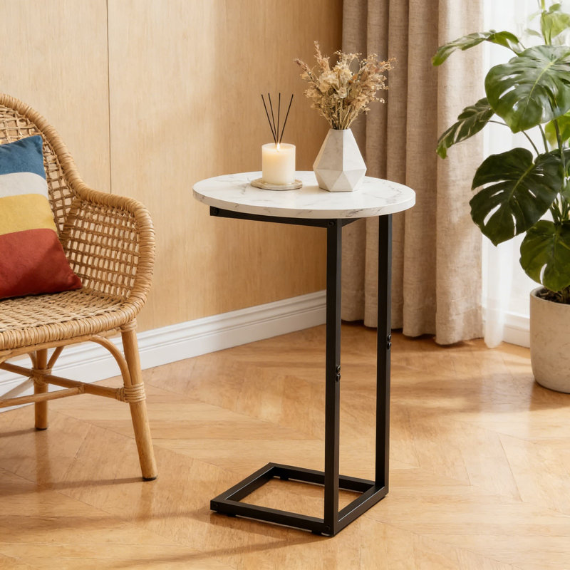C-Shaped End Table, Oval Sofa Side Table With Metal Frame And Marble Top For Small Spaces, Living Room, Bedroom, Or Bedside