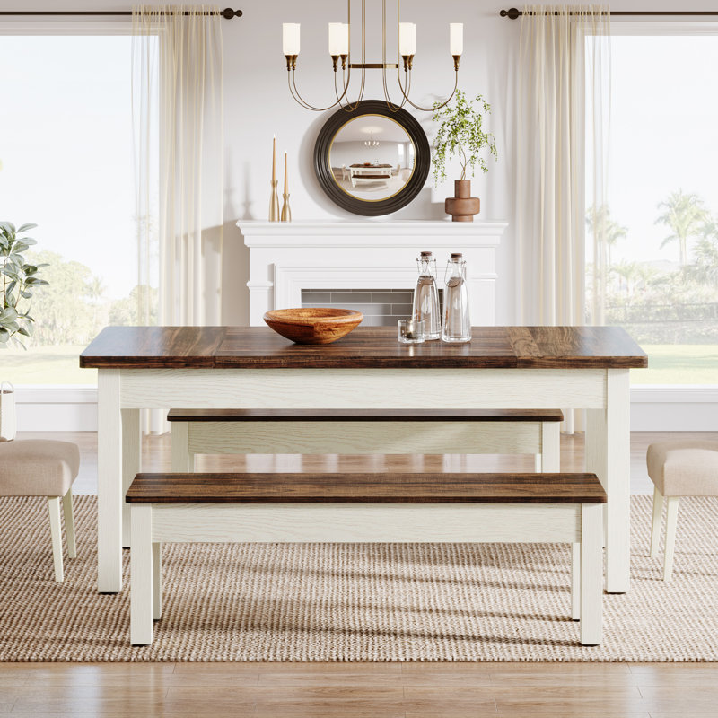 3 Piece Dining Table Set With 2 Benchs, Farmhouse Wood Kitchen Table With 2 Benches, Walnut/White