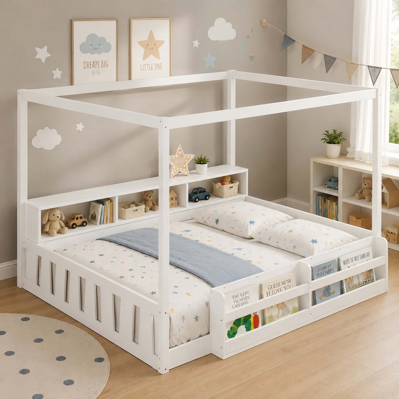 Lit de sol Montessori pleine grandeur avec cadre à baldaquin et rangement, Blanc