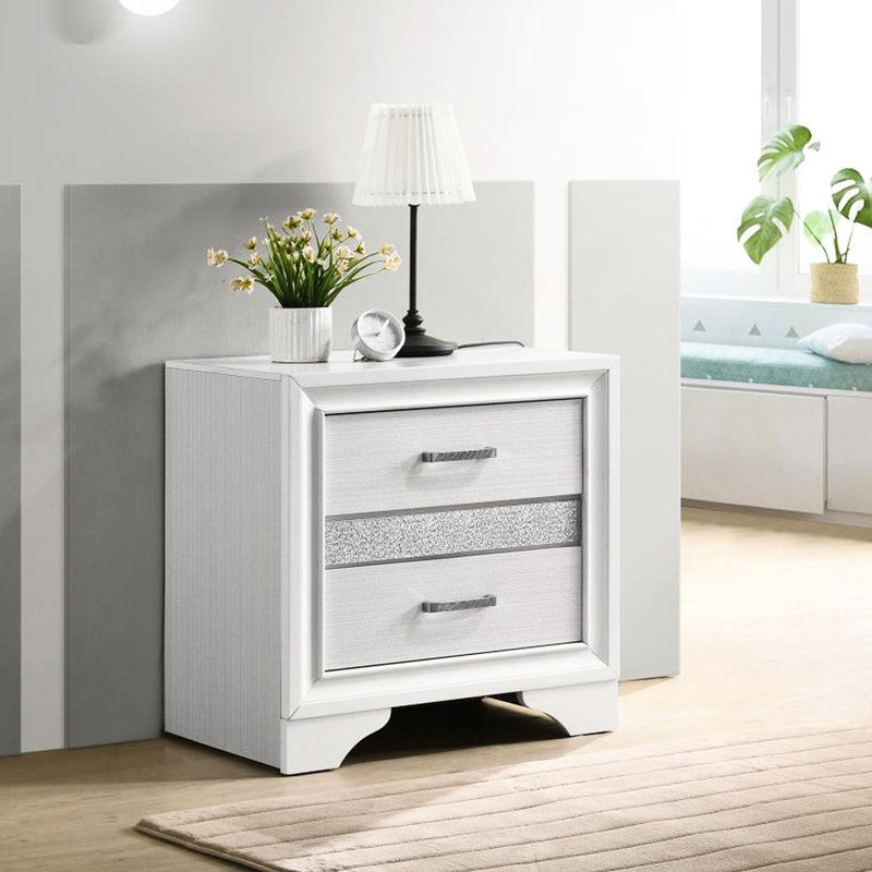 Table de chevet de la chambre à coucher 2 en blanc - Poignées en strass, rayures scintillantes pour meubles chic à 2 tiroirs