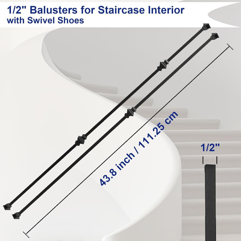 10-Pack 44" x 1/2" Square Wrought Iron Stair Balusters, Single & Double Knuckle Hollow Stair Spindles with 20 Swivel Shoes & Screws
