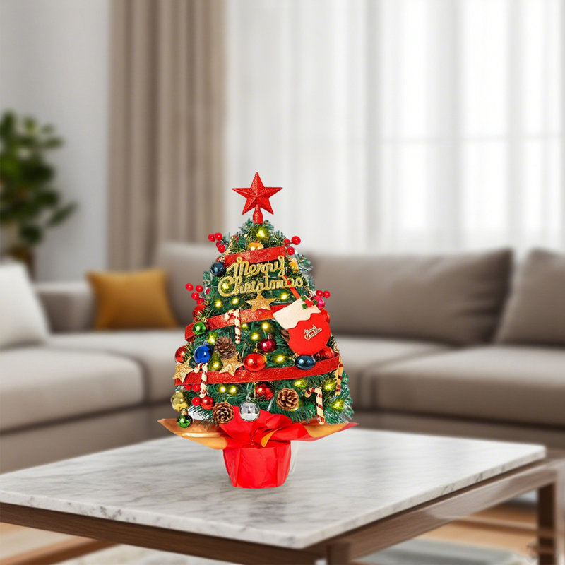 Arbre de Noël de table de 55 cm pour décoration de Noël, mini arbre de Noël artificiel avec décorations pour bureau, bureau, chambre à coucher ou fête