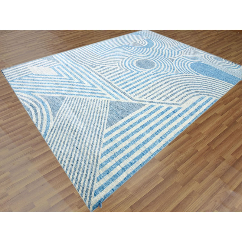 Tapis oriental rectangulaire en laine bleu noué à la main 9 pi 0 po x 12 pi 0 po - MOA10279293