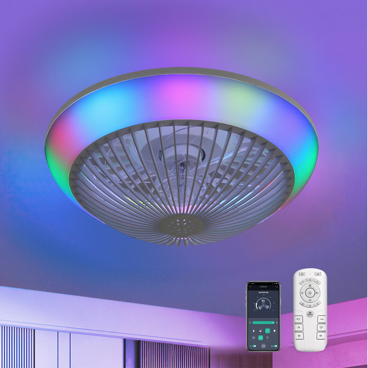 15" 7-Blade White Modern Ceiling Fan with Dimmable Color Changing LED and Remote Control