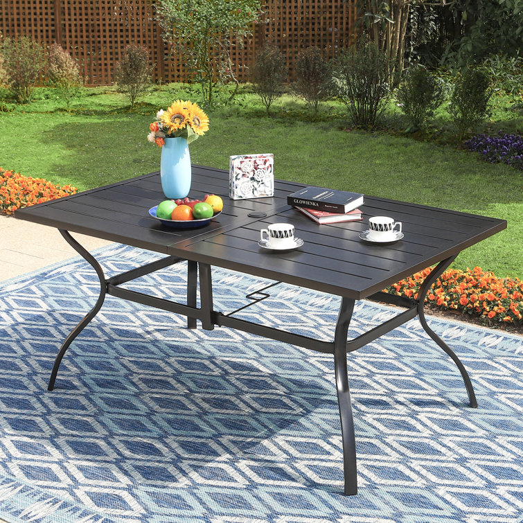 Birmadevi Powder-coated Metal Frame Black Rectangular Outdoor Patio Dining Table with Umbrella Hole
