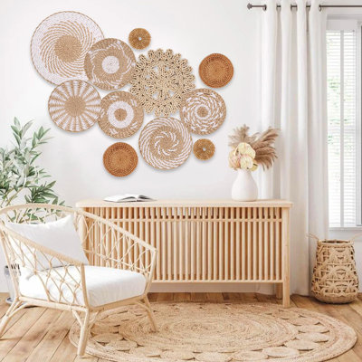 Boho Wall Basket Decor Set Of 11 - Hanging Woven Bulrush Basket Wall Decor, Handcrafted Round Flat Baskets Wall Art, For Rustic Farmhouse?home - Unique Rattan Wicker Wall Decor