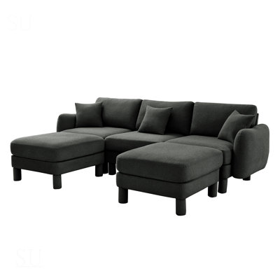 Boucle Fabric U Shape Sectional 3-Seater Sofa With Shell-Shaped Armrests And 2 Movable Ottomans, Cylindrical Legs