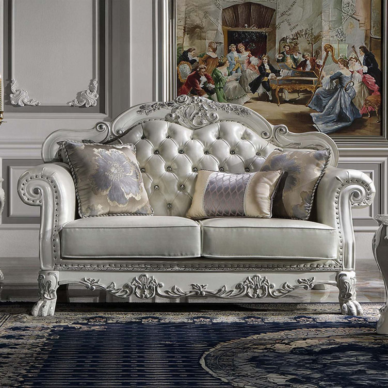 Causeuse 63,7 po Dresden avec 3 coussins, similicuir et finition blanc os