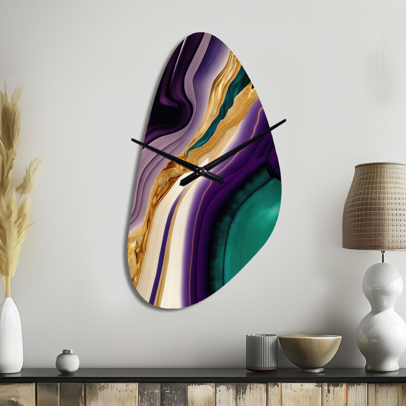 Purple, Green And Gold Bold Strokes II - Fall Shape Decorative Purple Abstract Wall Clock, Medium