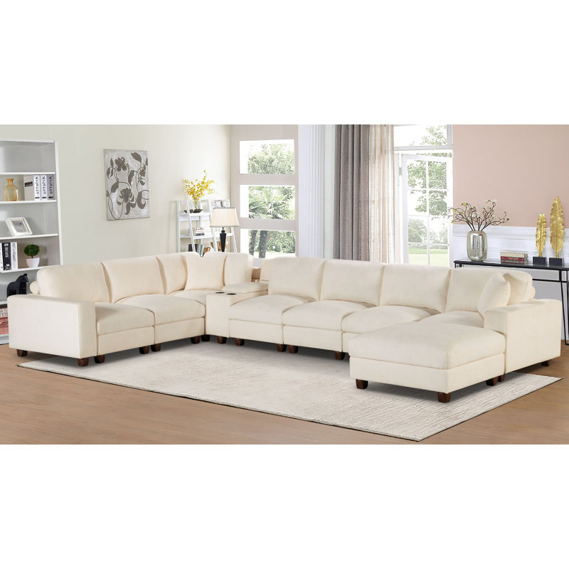 Norfleet 166" L-Shape Modular Chenille Sectional Sofa With Ottoman And Console, Beige , 36" H x 166" W x 101" D