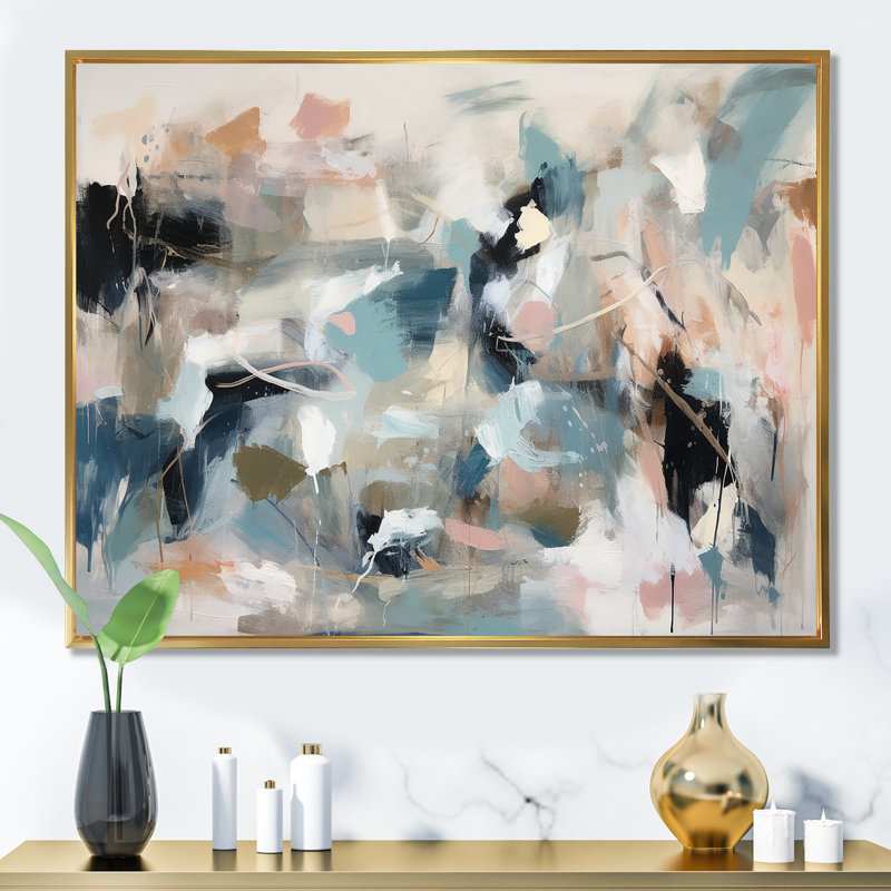 «Grey and Blue Vivid Waves», art mural abstrait, Cadre flottant doré, H 16 po x l 32 po x P 1 po