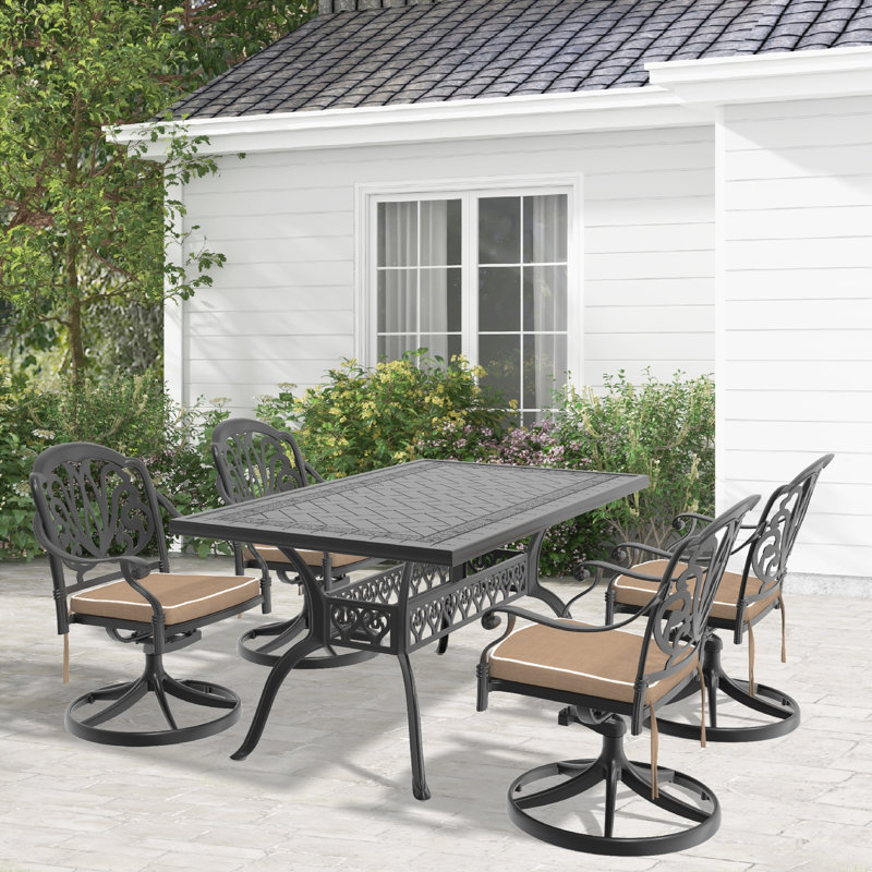 Ensemble de salle à manger 5 pièces en aluminium coulé résistant aux intempéries, comprenant 4 chaises pivotantes et une table rectangulaire avec cadre noir