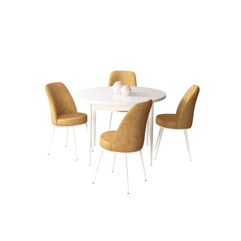 Ensemble de table et chaises de salle à manger moderne 5 pièces, blanc et cappuccino, table 35,4 x 29,5 x 35,4 pouces | Pieds en métal, panneau de particules 100% mélaminé | Chaises confortables en tissu Jerry, idéales pour les espaces de salle à manger élégants