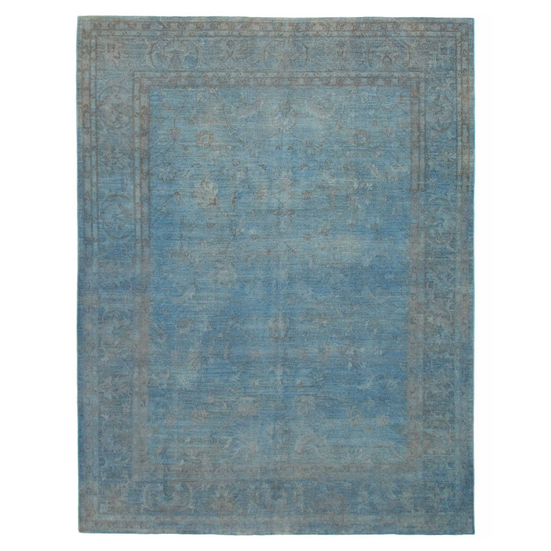 Tapis bleu foncé en laine noué à la main de conception unique 8 pi 10 po x 11 pi 6 po