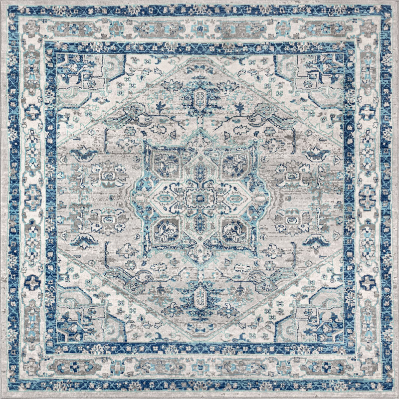 Lazaro Modern Persian Vintage Medallion Light Gray/Blue Rug, Square 9'