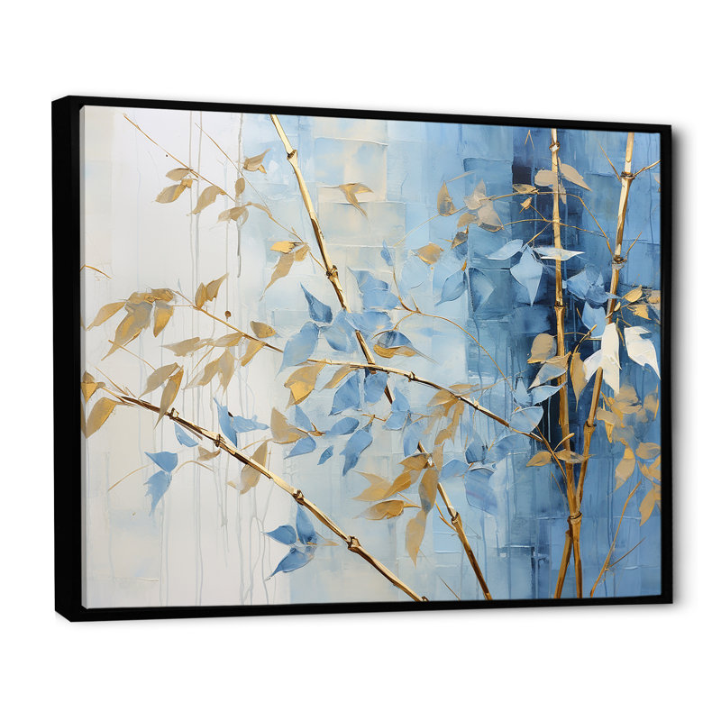«Blue and Gold Bamboo Dance - Bamboo Canvas Wall Art_106586», H 16 po x l 32 po, Cadre flottant noir