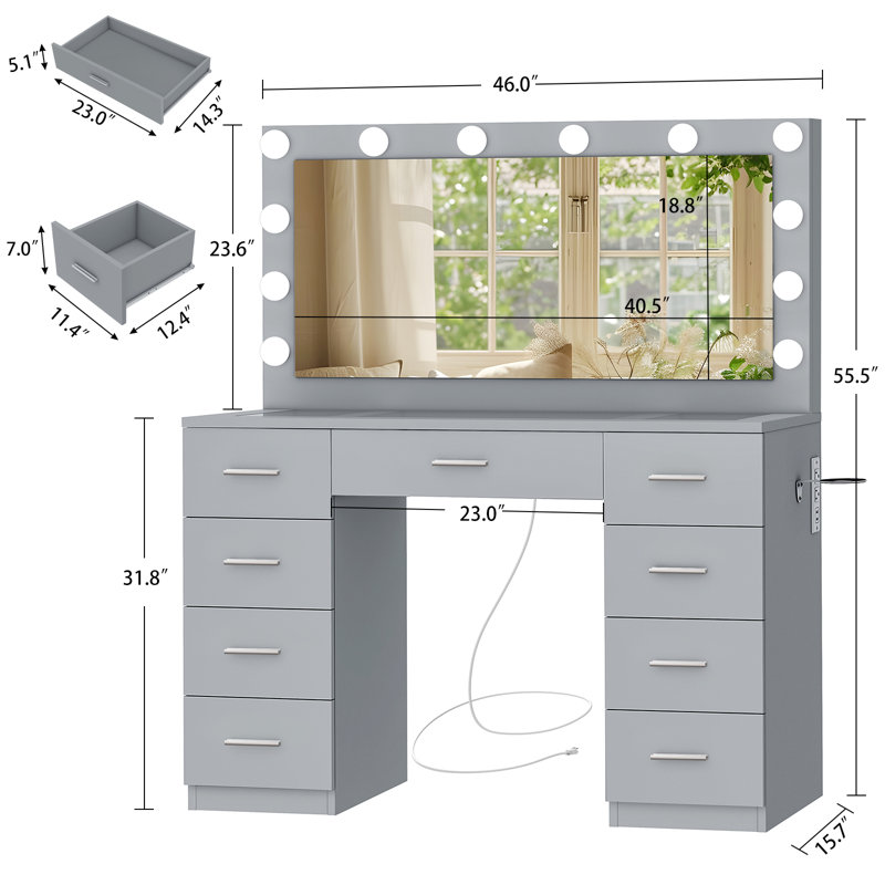 Grand meuble-lavabo de maquillage avec luminosité réglable à 3 modes et prise de courant, bureau de coiffeuse avec 9 tiroirs et bureau en verre