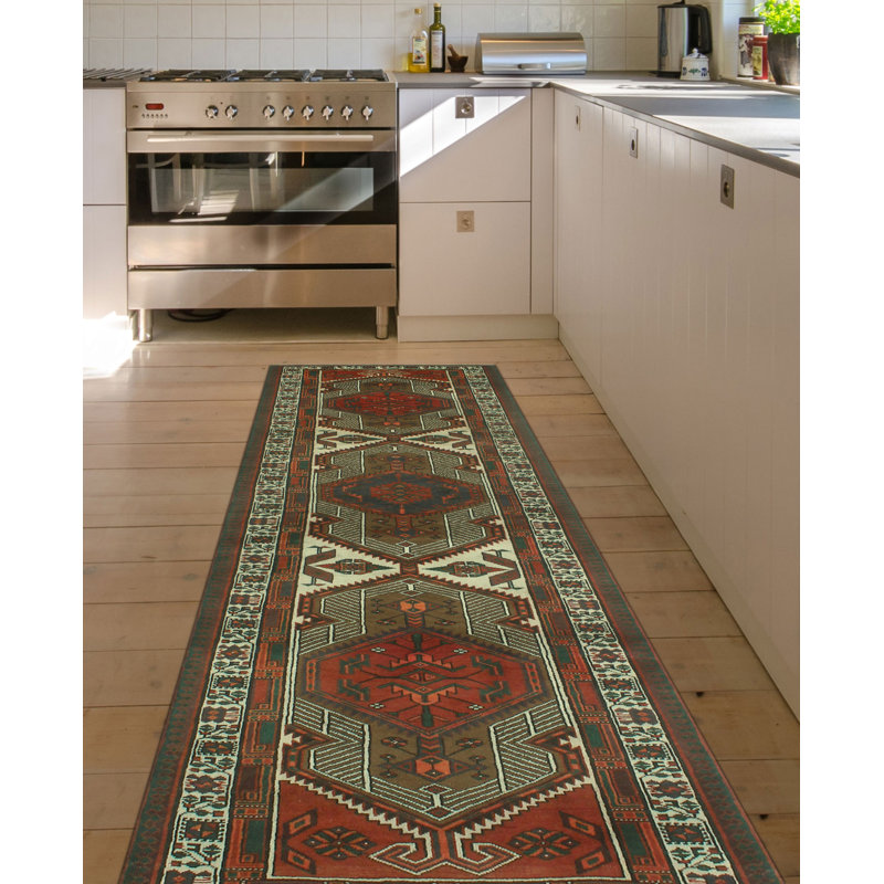 One-of-a-Kind 3'2" x 11'5" 1980s Runner Wool Area Rug in Green