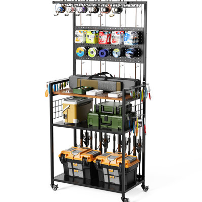Rolling Fishing Tackle Organizer With And Heavy Duty Metal Holders, Making Your Rods, Reels Boxes Easy To Reach Cart Rod For Storing In Storage Rooms