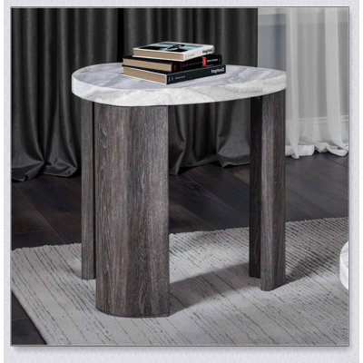 Contemporary Style Triangle End Table with Marble Pattern, Space-Saving Design for Primary Living Room
