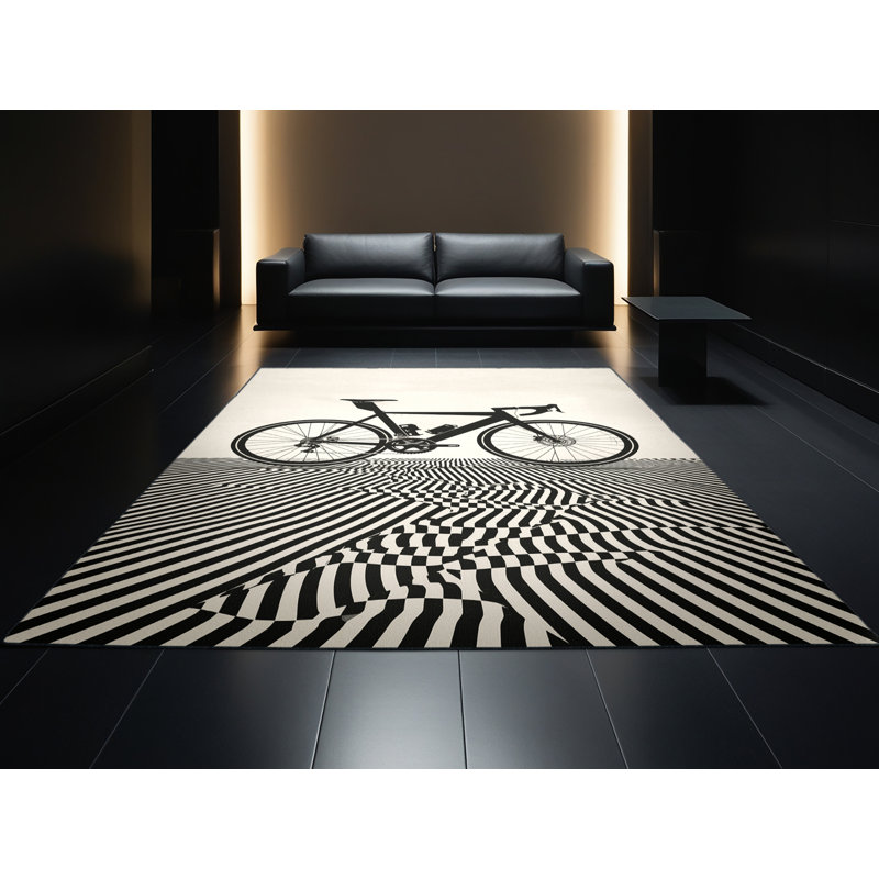 Machine Washable Auburndale Cycling Road Bike Modern & Contemporary Geometric Rug in Beige – Black Binding, 2x5